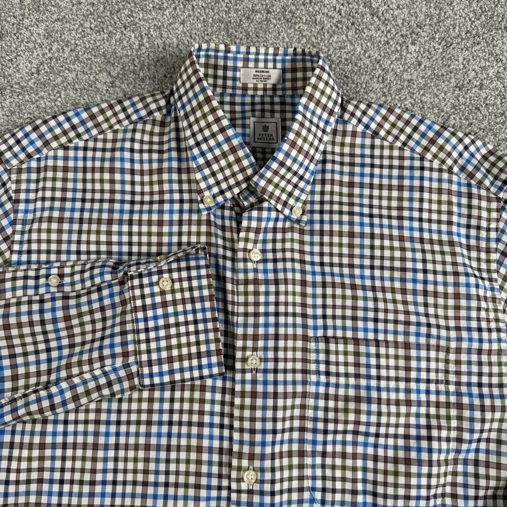 Peter Millar Button Up Long Sleeve Cotton Shirt Men's Blue Brown Size Medium